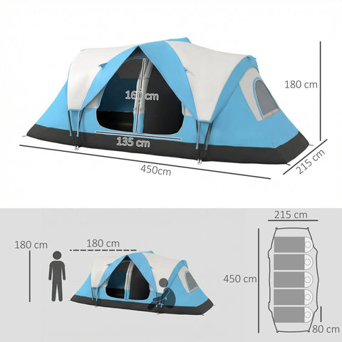 Blue and white outsunny camping tent with black trim featuring 2000mm rain protection and carry bag 215w x 180hcm