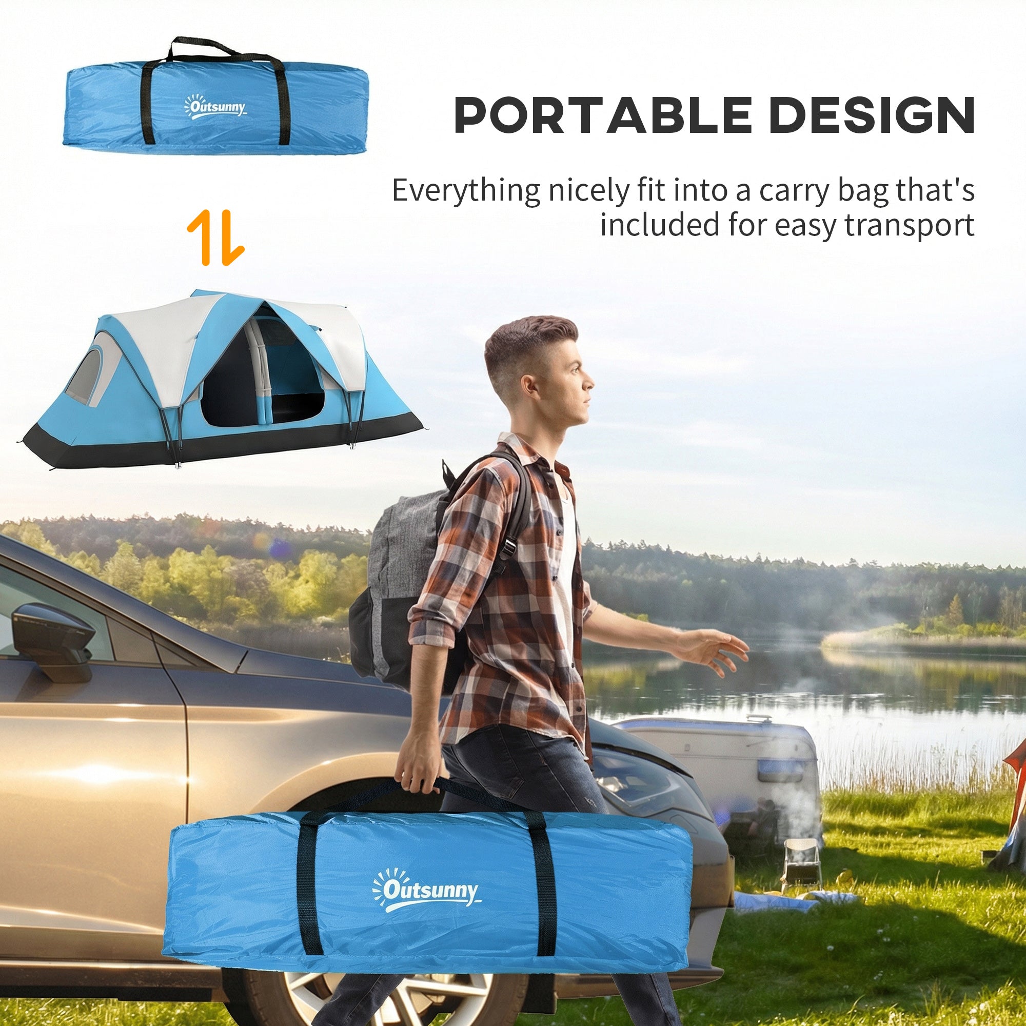 Blue outsunny camping tent with 2000mm rain protection and carry bag for easy transport 215w x 180hcm size