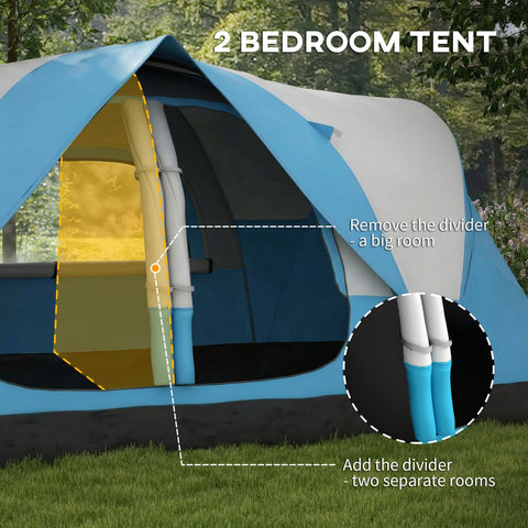 Blue and white two-bedroom outsunny camping tent with yellow interior panel 2000mm rain protection carry bag 215w x 180hcm