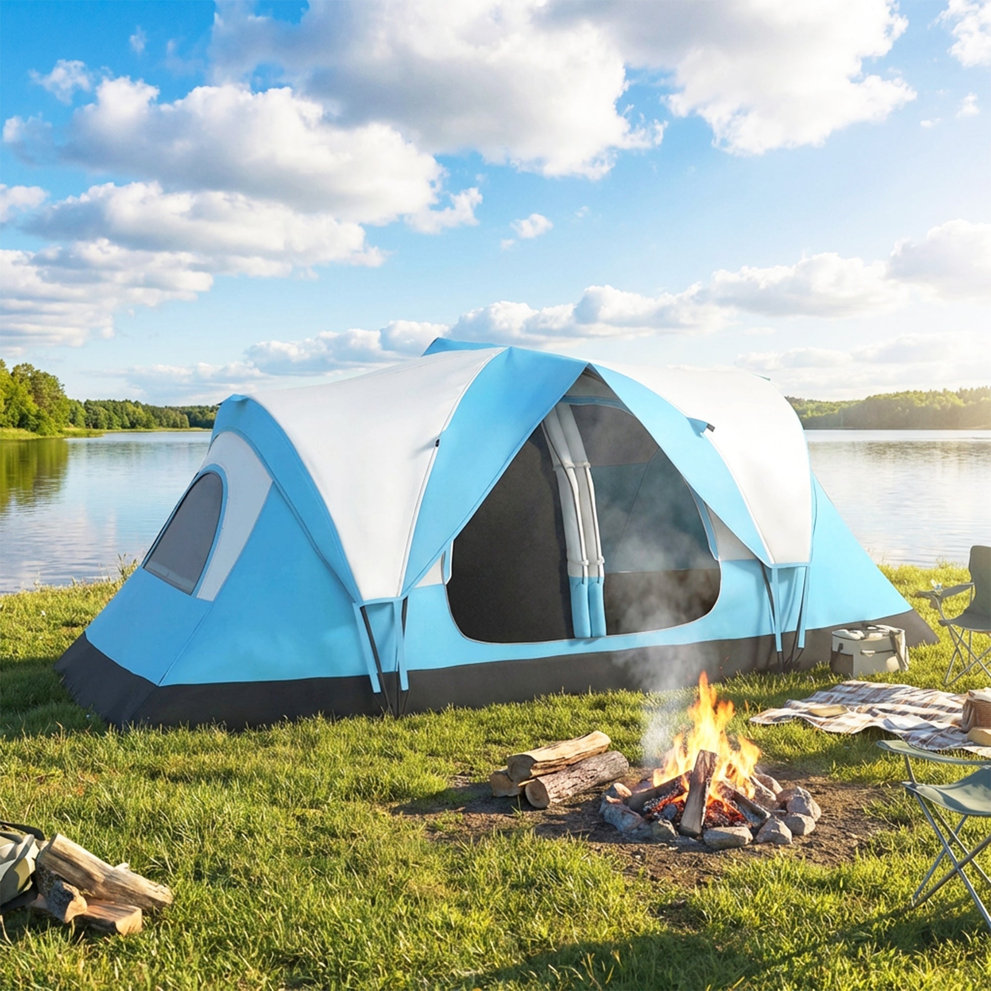 A sky blue outsunny camping tent for 6-8 man with 2000mm rain protection and carry bag set on grass by a lake