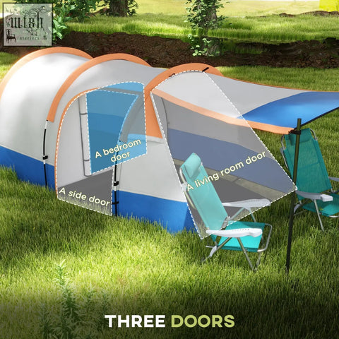 Outsunny camping tent with three doors, white blue orange design, living room area, portable carry bag for 2-3 people