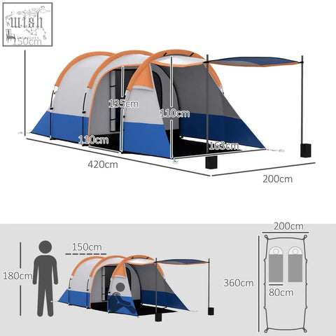 Outsunny blue gray and orange three season camping tent with front awning living room and carry bag for 2-3 man
