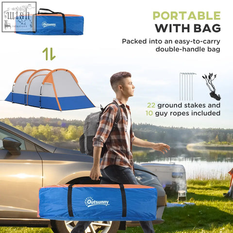 Outsunny blue and orange portable camping tent with living room and double-handle carry bag for 2-3 man