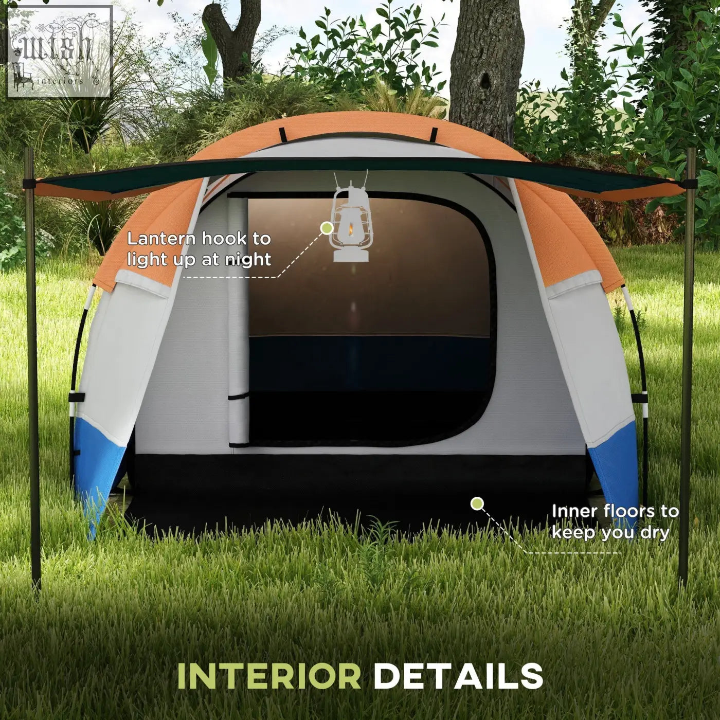Outsunny camping tent in orange white and blue with living room area and lantern hook packed in a handy carry bag