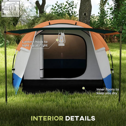 Outsunny camping tent in orange white and blue with living room area and lantern hook packed in a handy carry bag