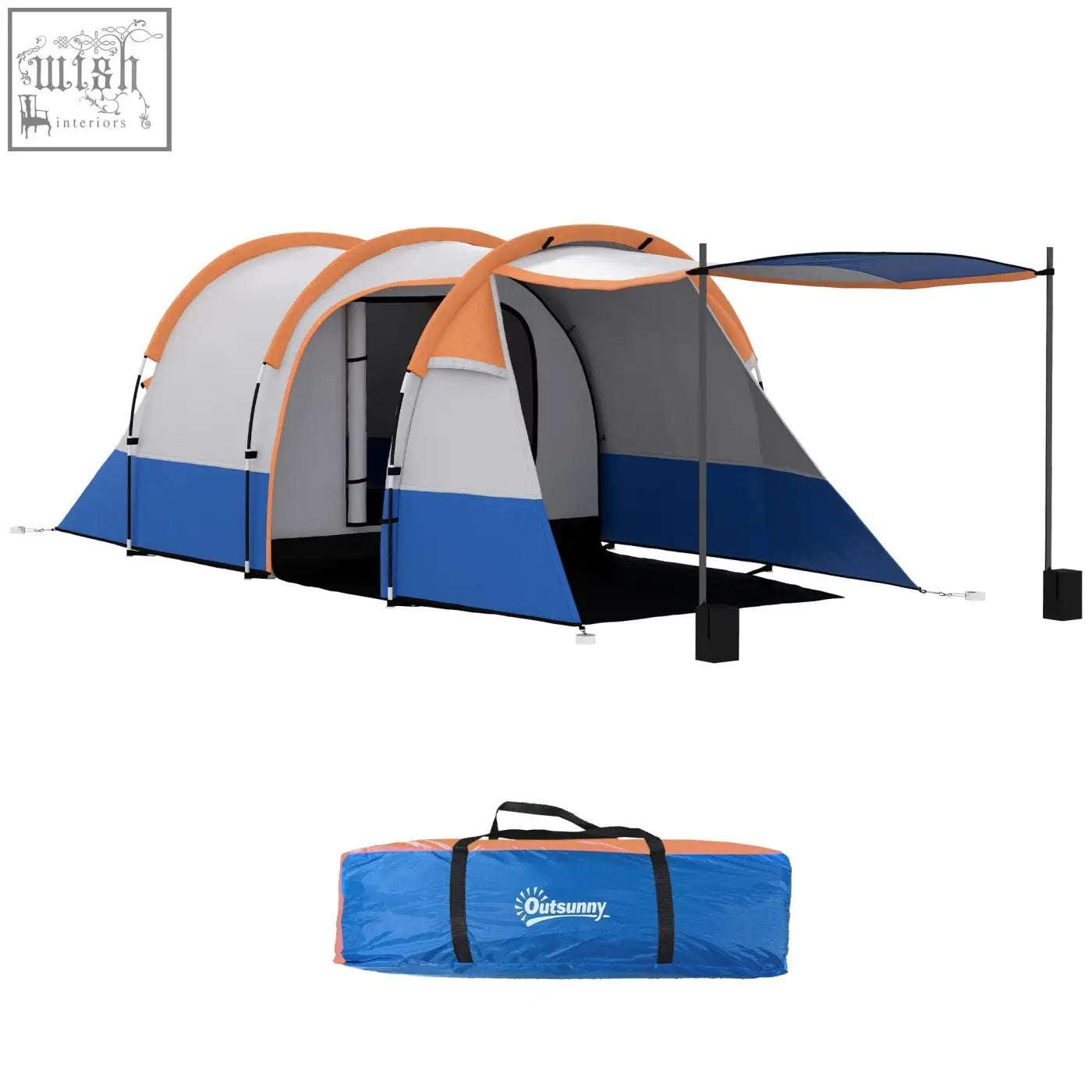 Outsunny blue white and orange three season camping tent with living room and detachable awning plus carry bag
