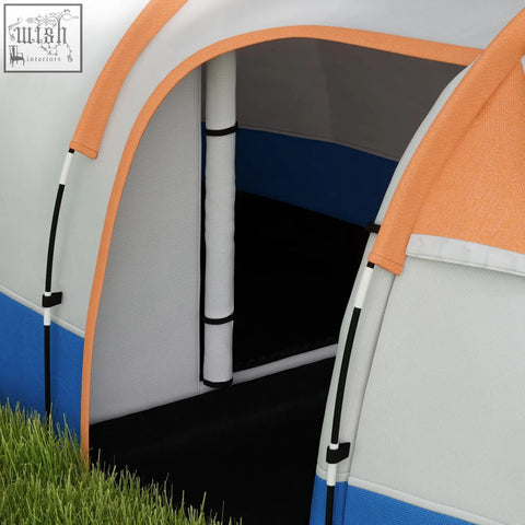Outsunny camping tent with white body orange trim blue base panels large tunnel design and carry bag for living room use
