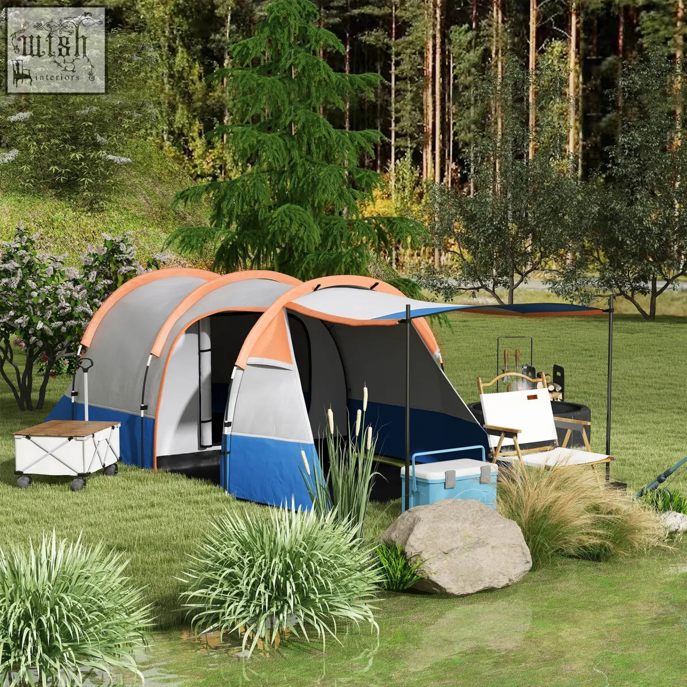 Outsunny camping tent with gray and blue body, orange trim, awning, living room, and carry bag for 2-3 man use