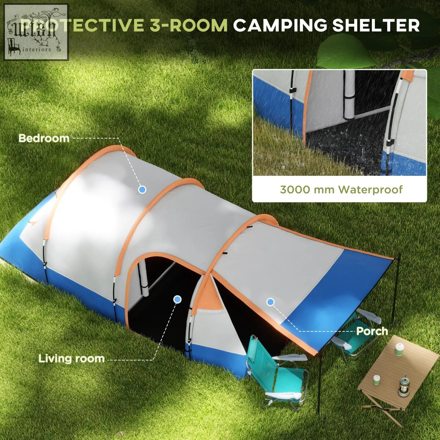 Blue and white outsunny camping tent with orange trim features three rooms including a living room and carry bag