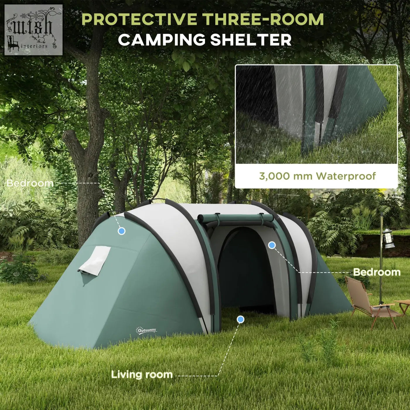 Teal and white outsunny camping tent with 2 bedrooms waterproof 3000mm dark green trim and carry bag for easy transport