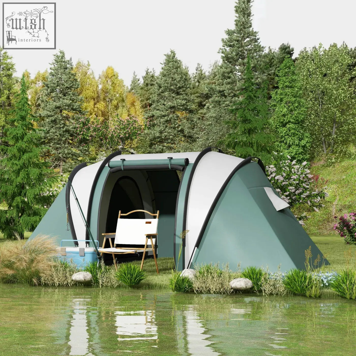 Teal and white outsunny camping tent with curved design and carry bag for easy transport in dark green color