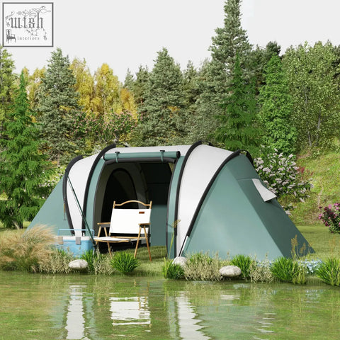 Teal and white outsunny camping tent with curved design and carry bag for easy transport in dark green color