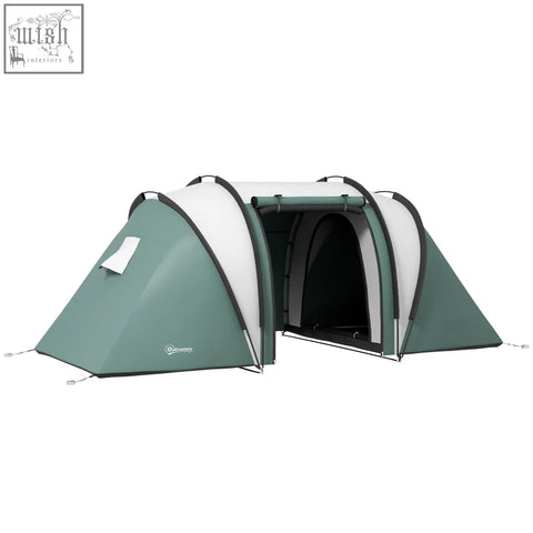 A sleek two-tone teal and white outsunny camping tent with dark green trim in carry bag for easy transport