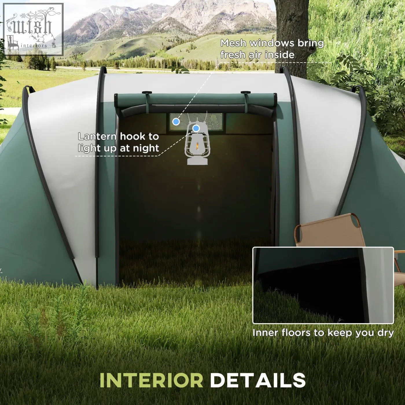 Teal and white outsunny camping tent with mesh windows lantern hook dark green carry bag for easy transport