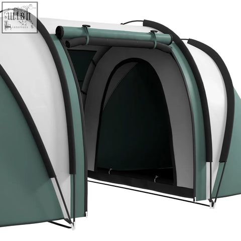 Teal and white outsunny camping tent with 2 bedrooms and carry bag for easy transport in dark green trim