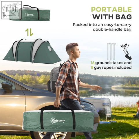 Outsunny dark green camping tent with 2 bedrooms and easy transport carry bag for fishing hiking and festivals