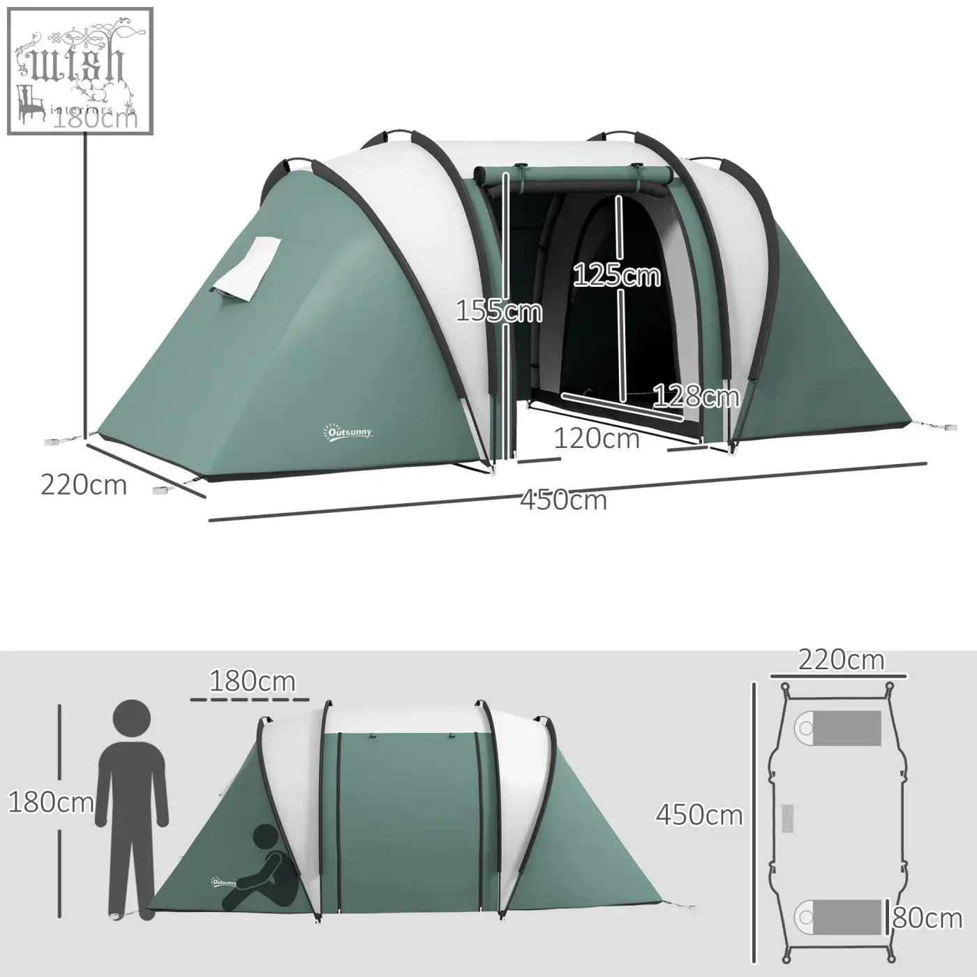 Teal and white outsunny camping tent with black trim and carry bag for easy transport dark green family tent with 2 bedrooms