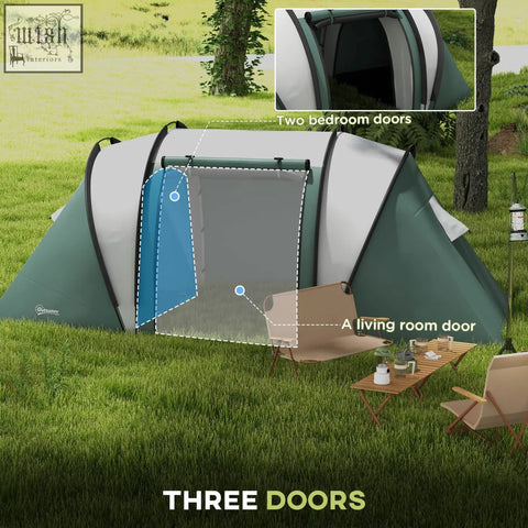 Green and white outsunny camping tent with 2 bedrooms and living area in dark green for easy transport with carry bag