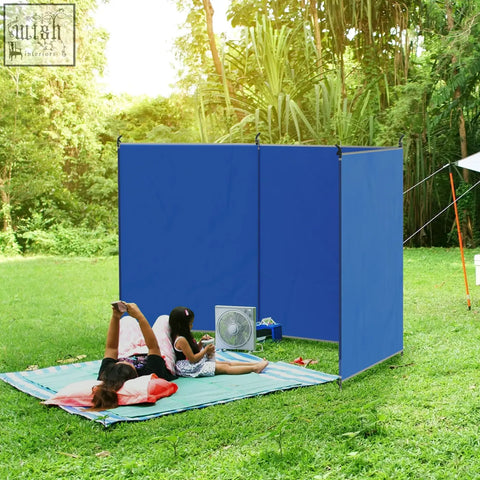 Blue fabric outsunny camping windbreak with steel poles and carry bag for easy setup and portable privacy screen