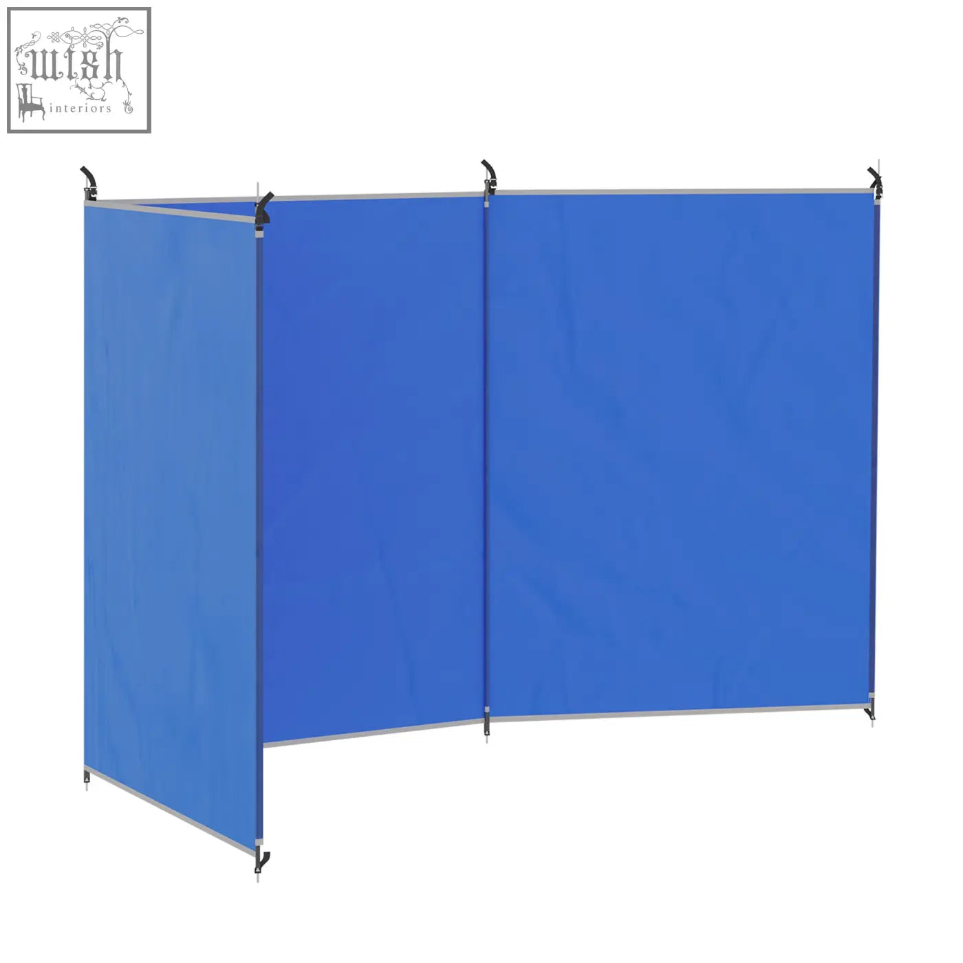 Blue fabric Outsunny camping windbreak with silver metal frame, black clips, steel poles hold, and carry bag for easy use
