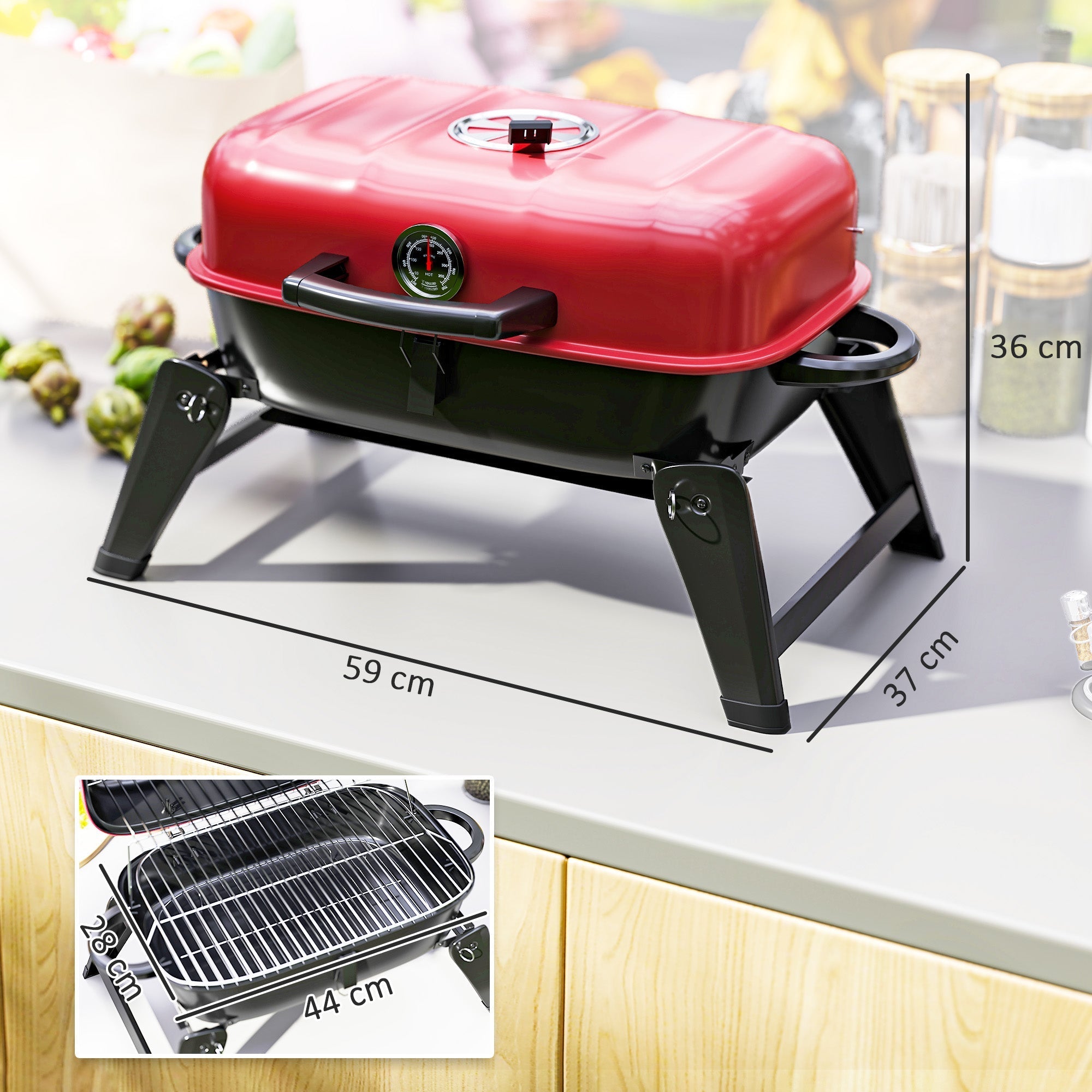 Red and black outsunny charcoal barbecue grill with temperature gauge warming rack and grill grate for camping use