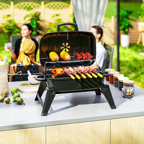 Black outsunny charcoal barbecue grill with 1232 cm² cooking area warming rack grill grate and food skewers