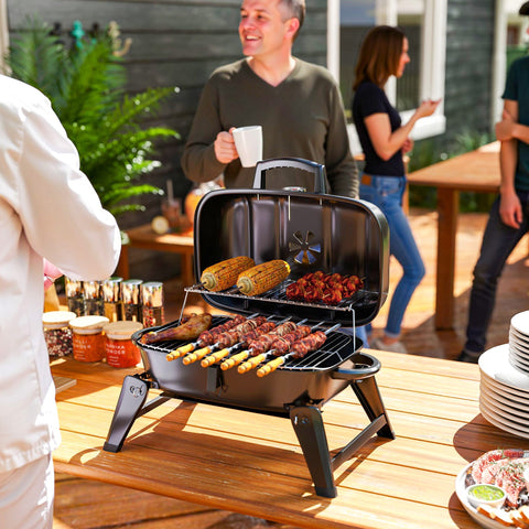 Black outsunny charcoal barbecue grill with warming rack grill grate and aluminium foil friendly side shelves for camping