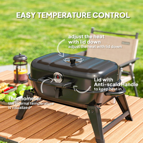 Black Outsunny charcoal barbecue grill with built-in thermometer, anti-scald handle, warming rack, and grill grate for camping