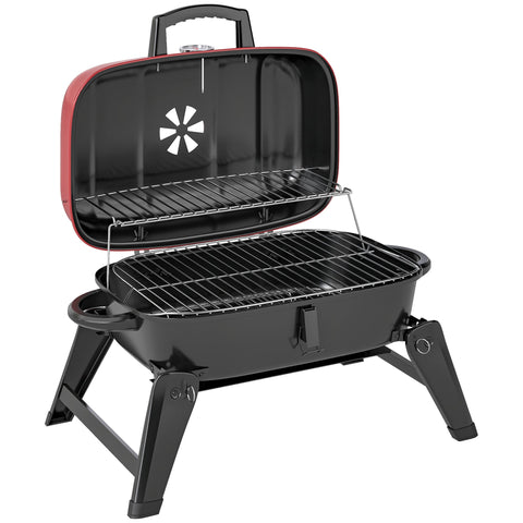 Outsunny black and red portable charcoal grill with foldable legs, metal grill grate, warming rack, and aluminium foil use for camping