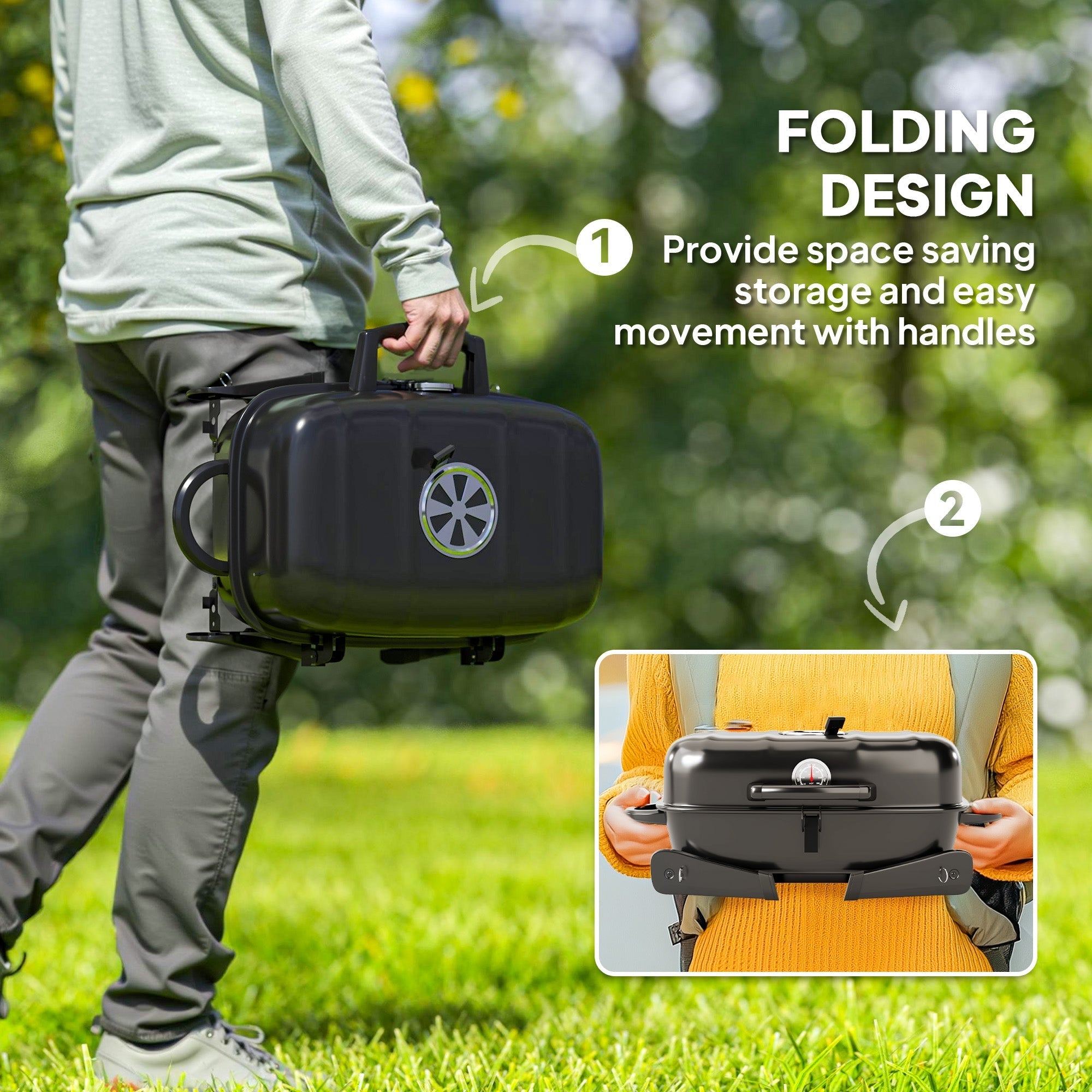 Outsunny black folding charcoal BBQ grill with circular vent, sturdy handles, and grill grate for camping use