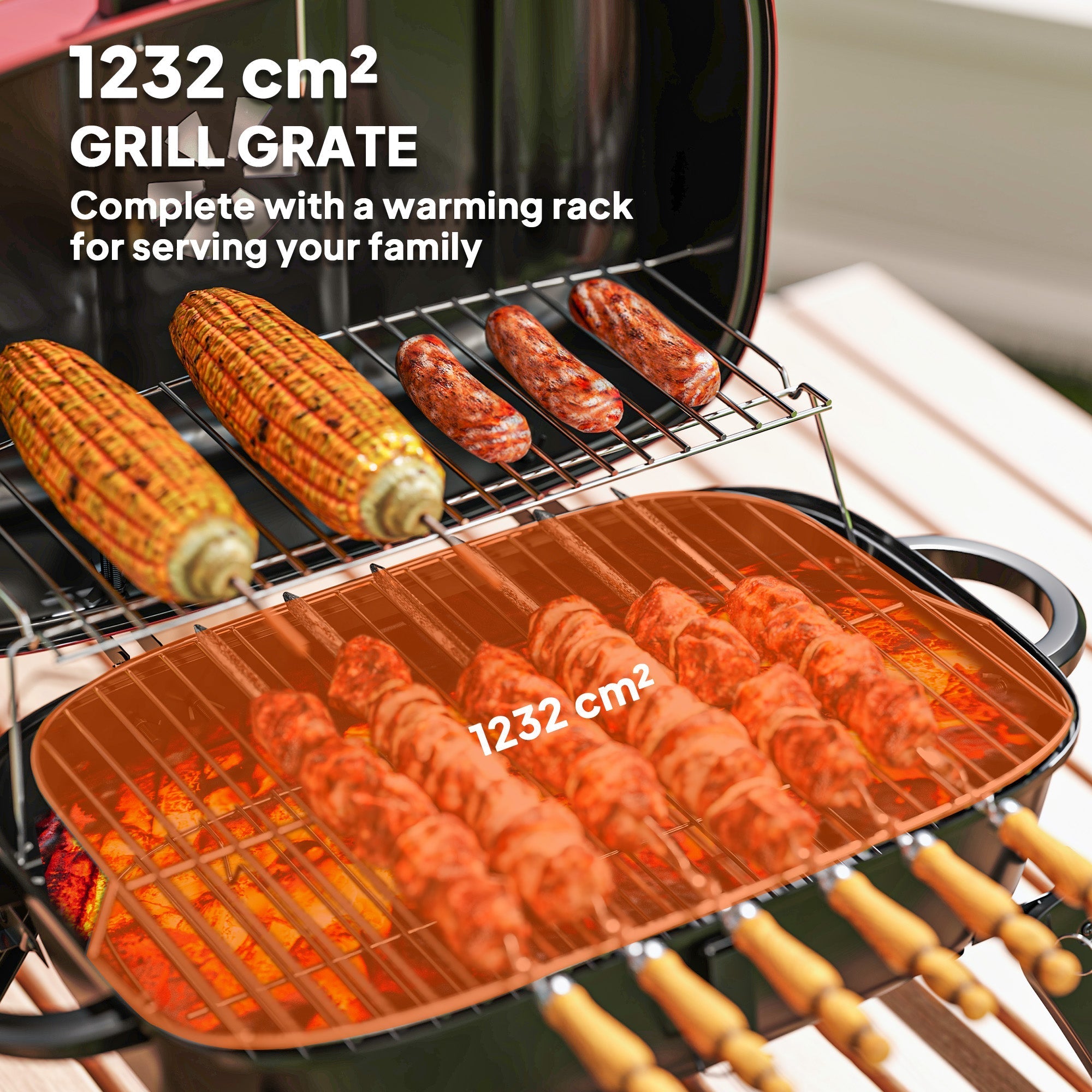 Outsunny red charcoal barbecue grill with copper-colored grill grate and warming rack ideal for camping with aluminium foil use