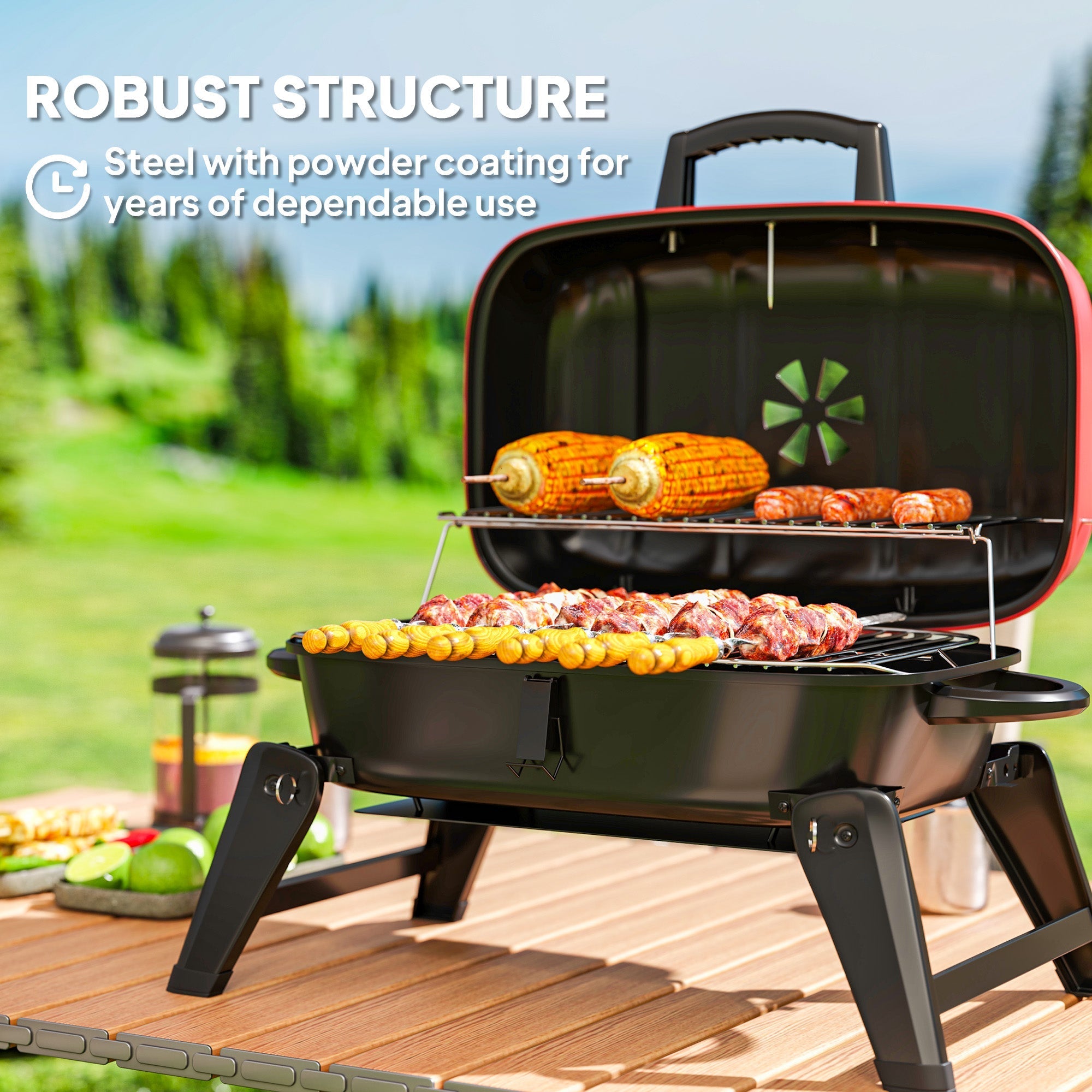 Red and black outsunny charcoal barbecue grill with powder-coated steel frame warming rack and grill grate for camping