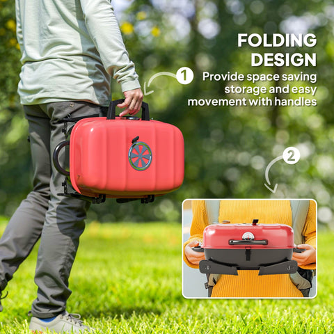 Red outsunny folding charcoal grill with 1232 cm² grill grate, adjustable vent, thermometer, and warming rack for camping