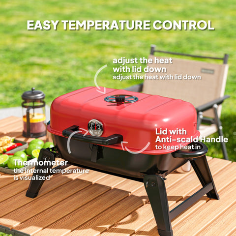 Red and black outsunny folding charcoal grill with built-in thermometer warming rack and grill grate for camping picnic