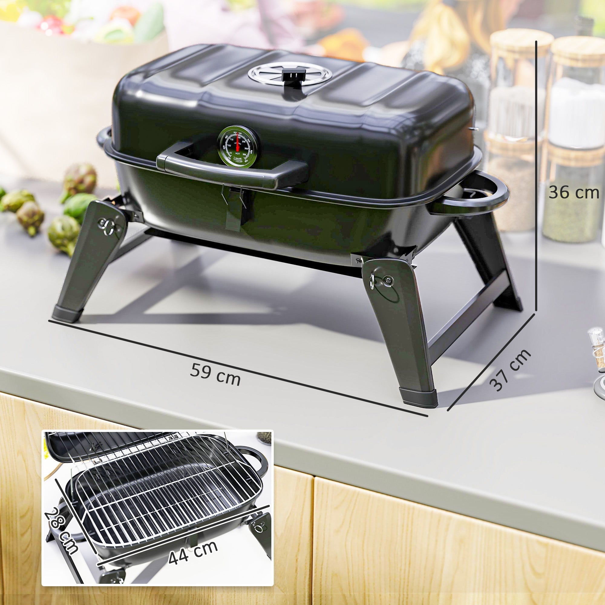Outsunny black foldable charcoal grill with temperature gauge, grill grate, and warming rack for camping and picnics