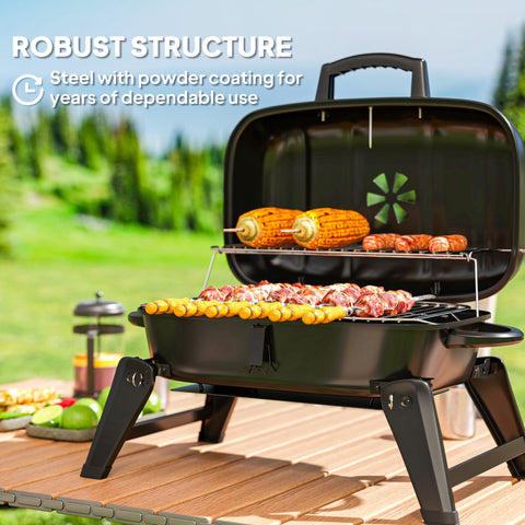 Black steel outsunny charcoal barbecue grill with powder coating, handle, legs, and grill grate for outdoor use