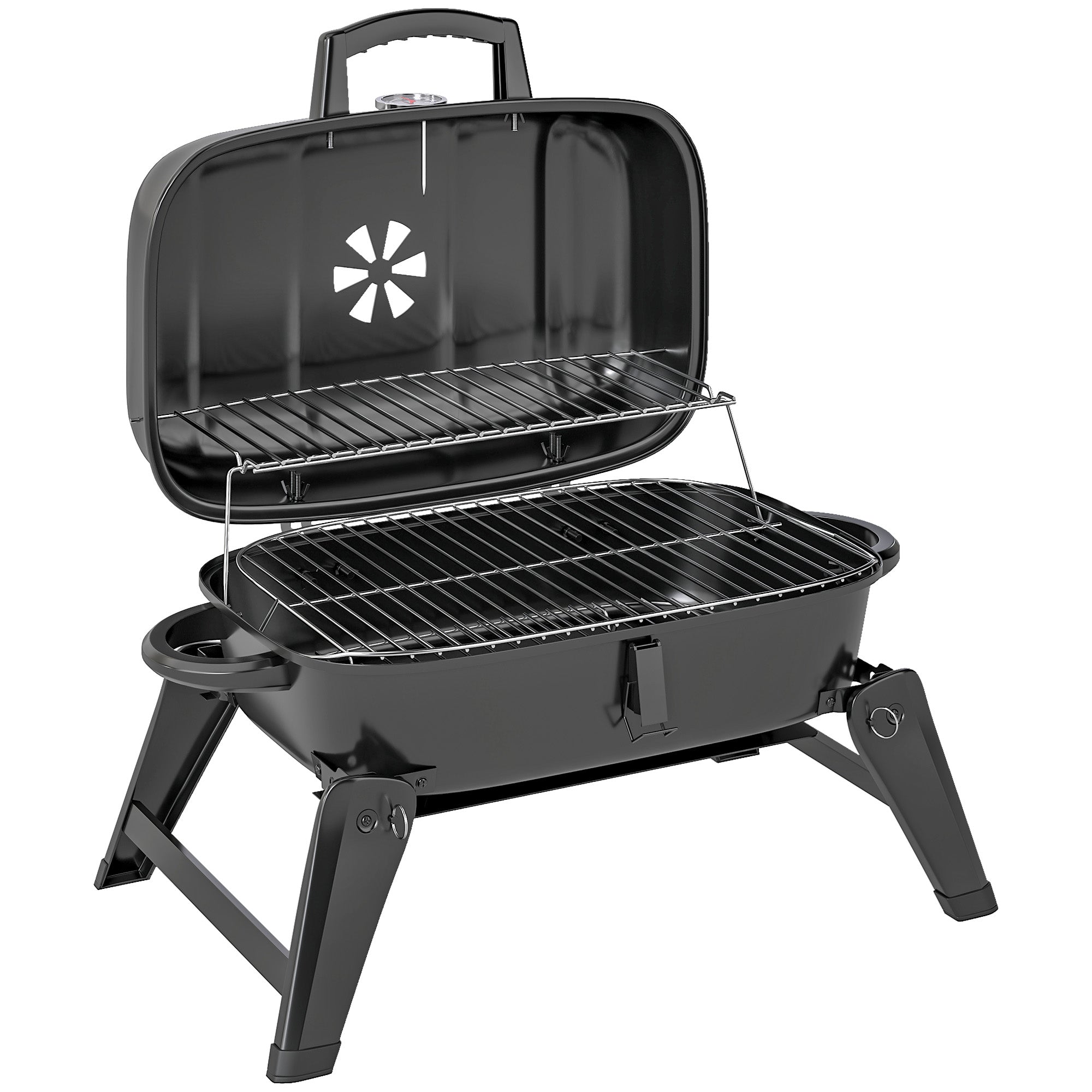 Black outsunny charcoal barbecue grill with foldable legs grill grate warming rack and handle for camping use