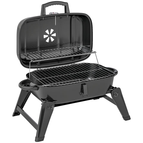 Black outsunny charcoal barbecue grill with foldable legs grill grate warming rack and handle for camping use