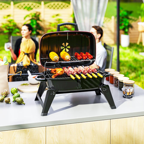 Black outsunny charcoal barbecue grill with 1232 cm² cooking area warming rack and grill grate cooking corn and meat