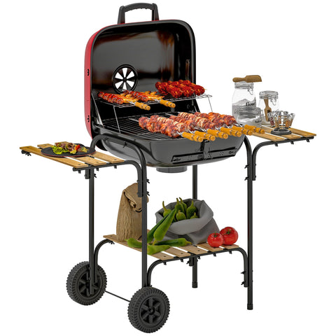 Outsunny red and black portable bbq charcoal grill with wooden side tables wheels grill grate and warming rack