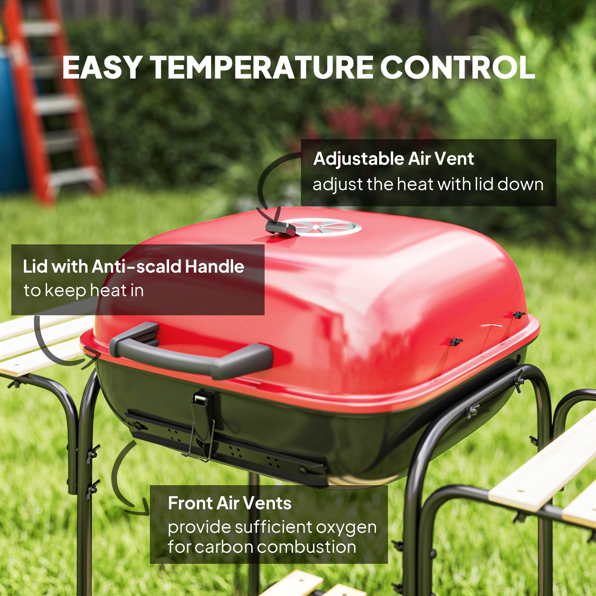 Red and black outsunny portable bbq grill with adjustable vent warming rack and grill grate for outdoor cooking