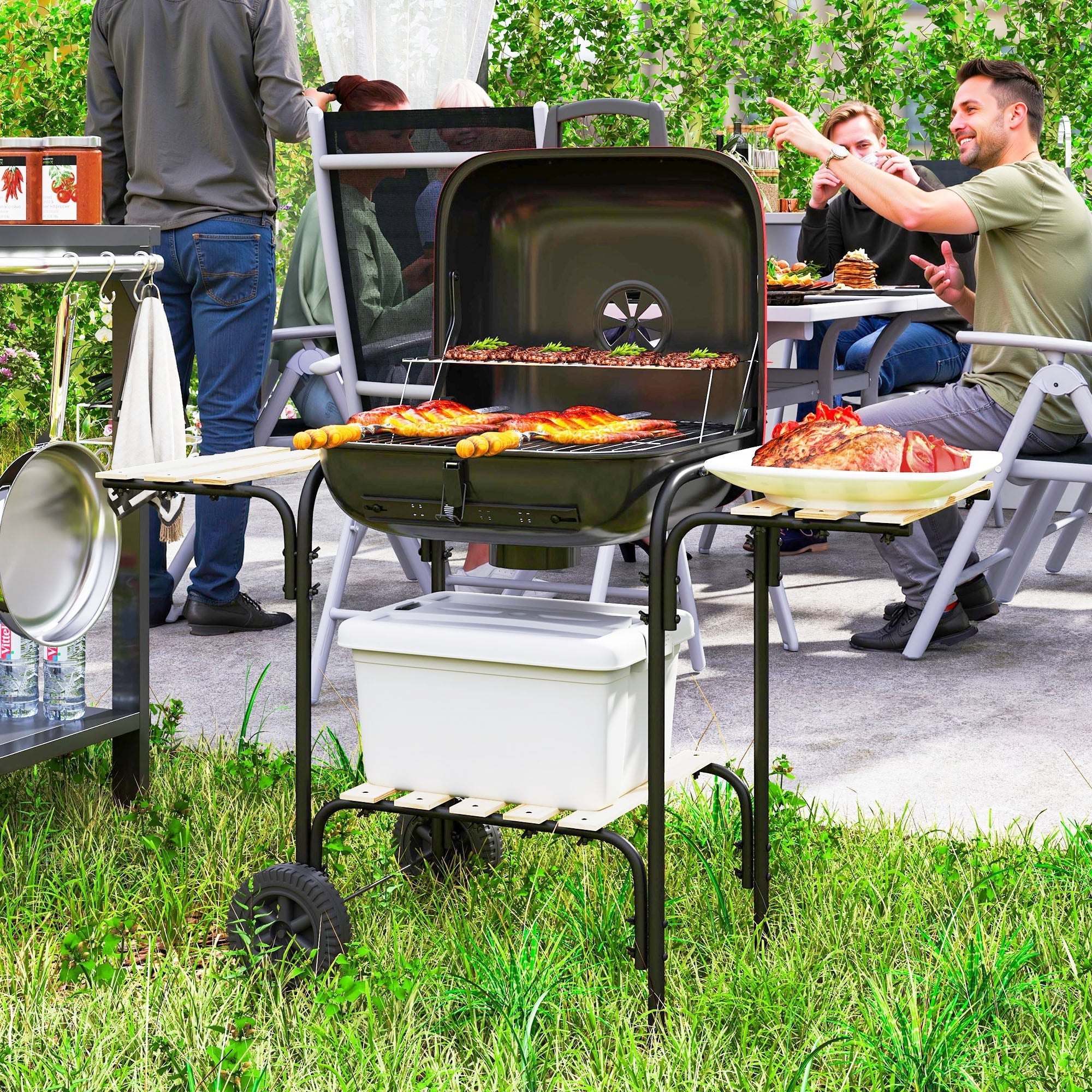 Black portable charcoal grill by Outsunny with grill grate, warming rack, wheels, and side shelves for outdoor BBQ fun