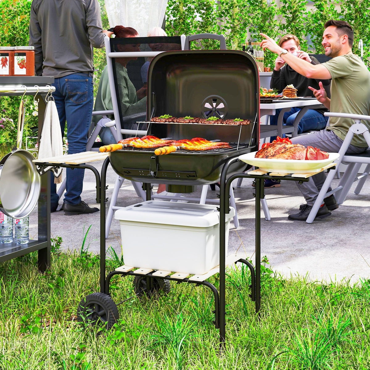 Black portable charcoal grill by Outsunny with grill grate, warming rack, wheels, and side shelves for outdoor BBQ fun