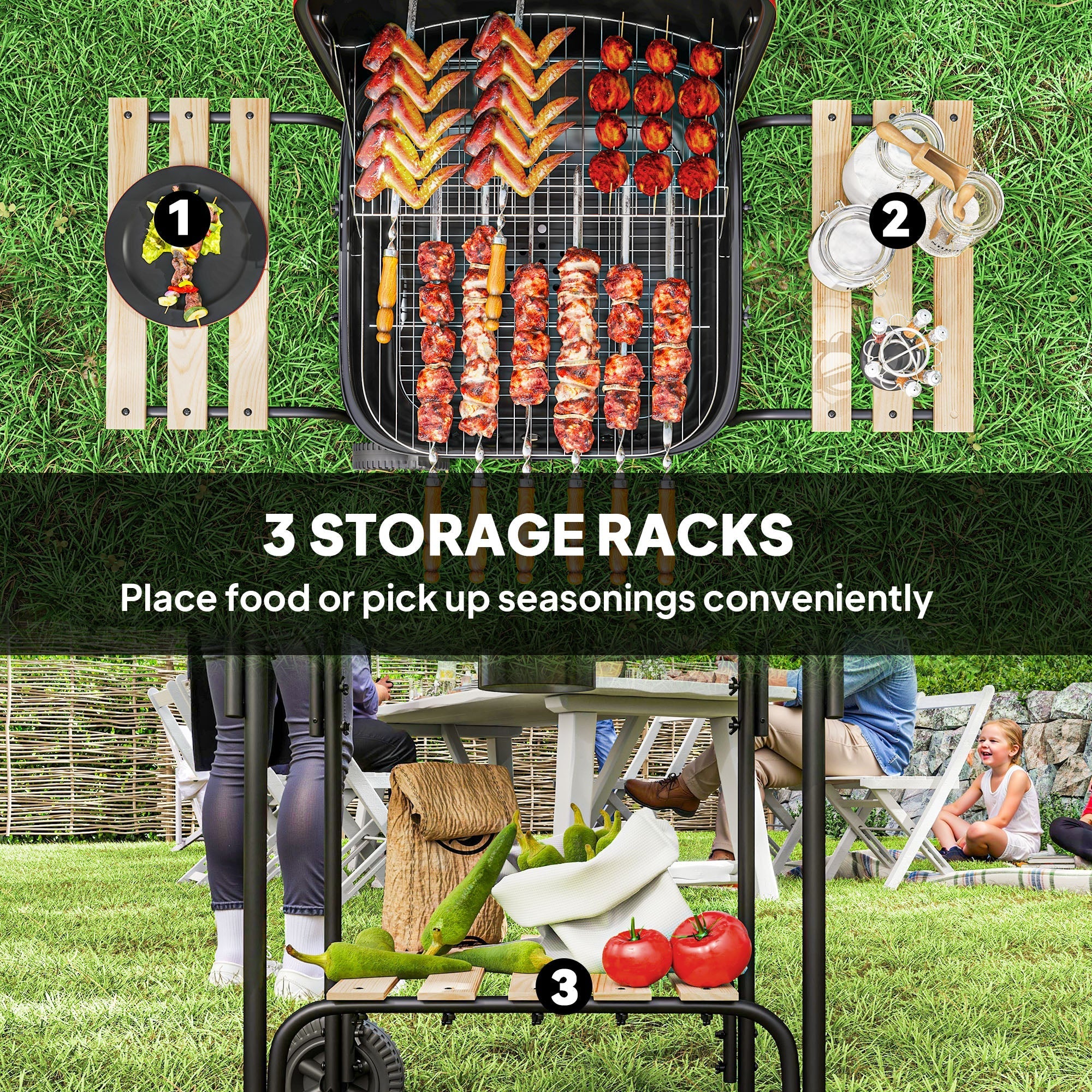 Black circular plate with yellow and green food on it next to red outsunny portable bbq with grill grate and warming rack