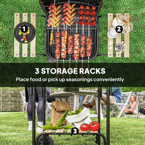 Black circular plate with yellow and green food on it next to red outsunny portable bbq with grill grate and warming rack