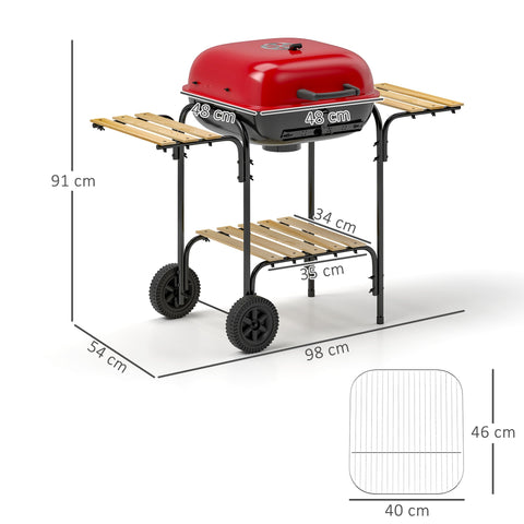 Red and black outsunny portable bbq gas grill with wooden side shelves metal frame grill grate and warming rack