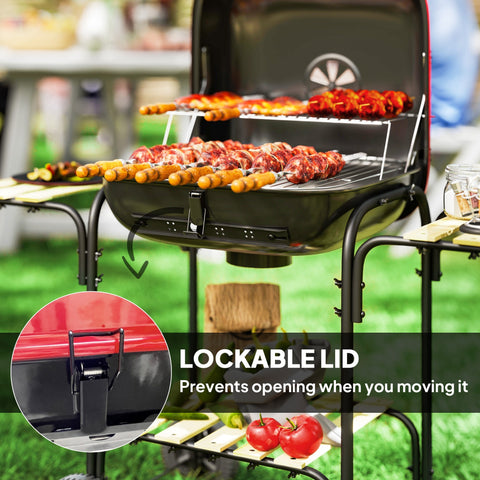 Black and red Outsunny portable bbq charcoal grill with lockable lid, grill grate, warming rack, and wheels for outdoor use
