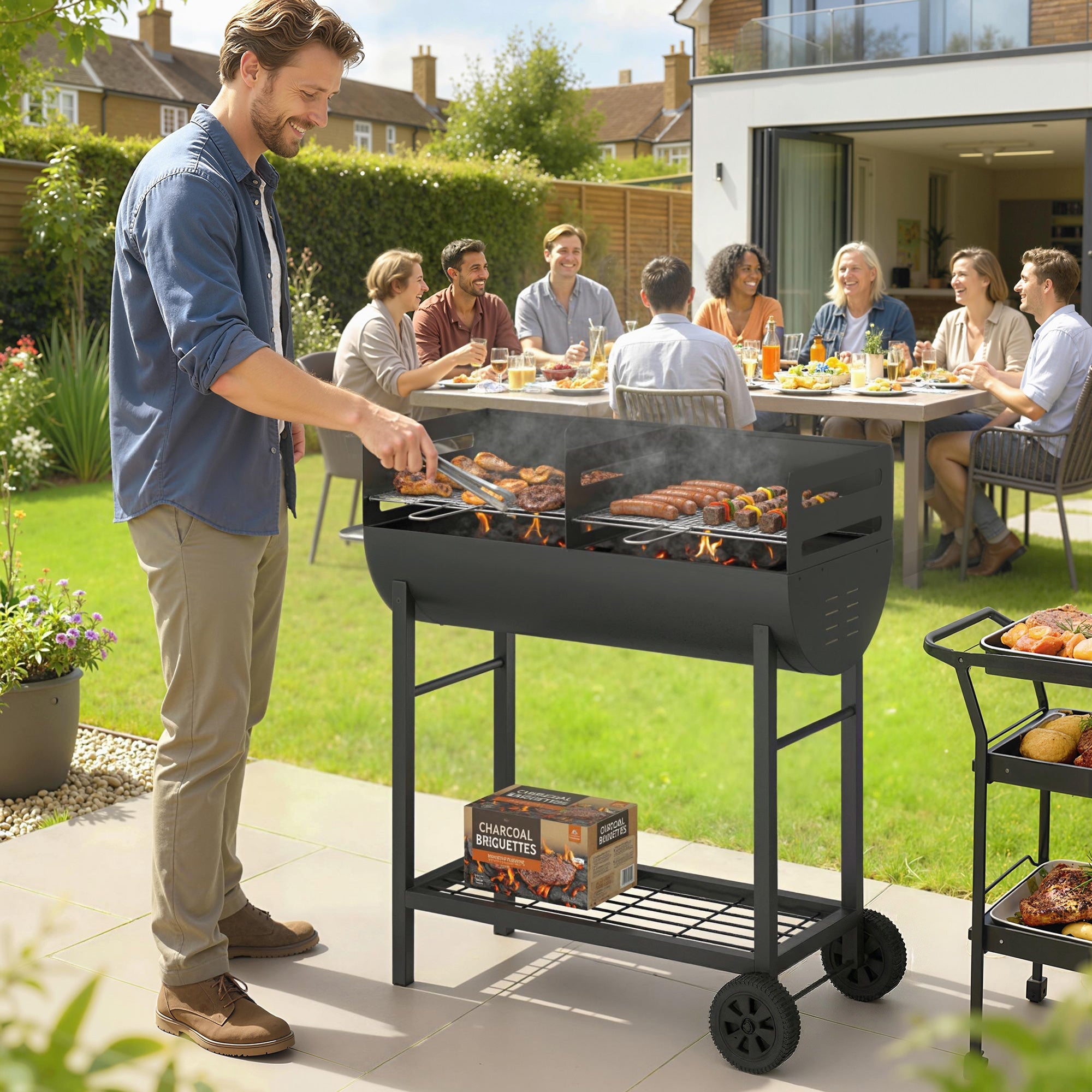Black Outsunny charcoal grill with wheels, adjustable grates, and bottom shelf for precise heat control and easy portability