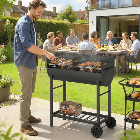 Black Outsunny charcoal grill with wheels, adjustable grates, and bottom shelf for precise heat control and easy portability