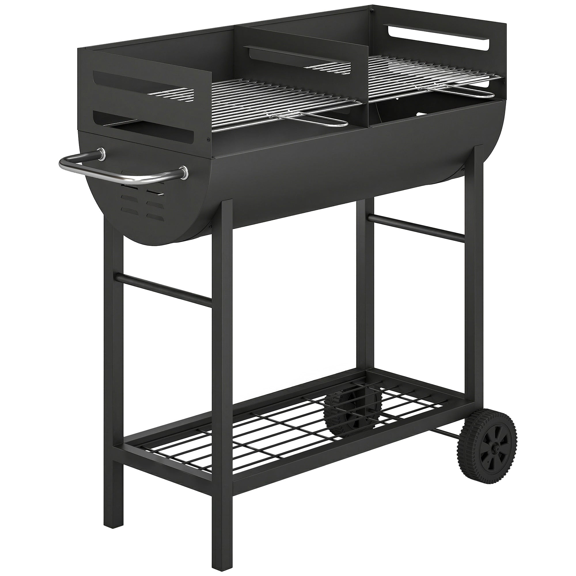 Outsunny charcoal grill in black metal with adjustable grates and bottom shelf for precise heat and easy BBQ on wheels